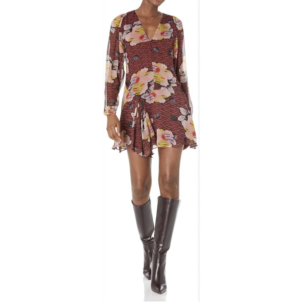 Joie Burgundy Pink Black Floral Silk Chiffon V-Neck Ruffle Mini Dress 6